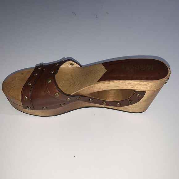 Michael Kors Shoes Womens 7.5 Leather Wood Platform Studded Wedge Sandals - Picture 3 of 9